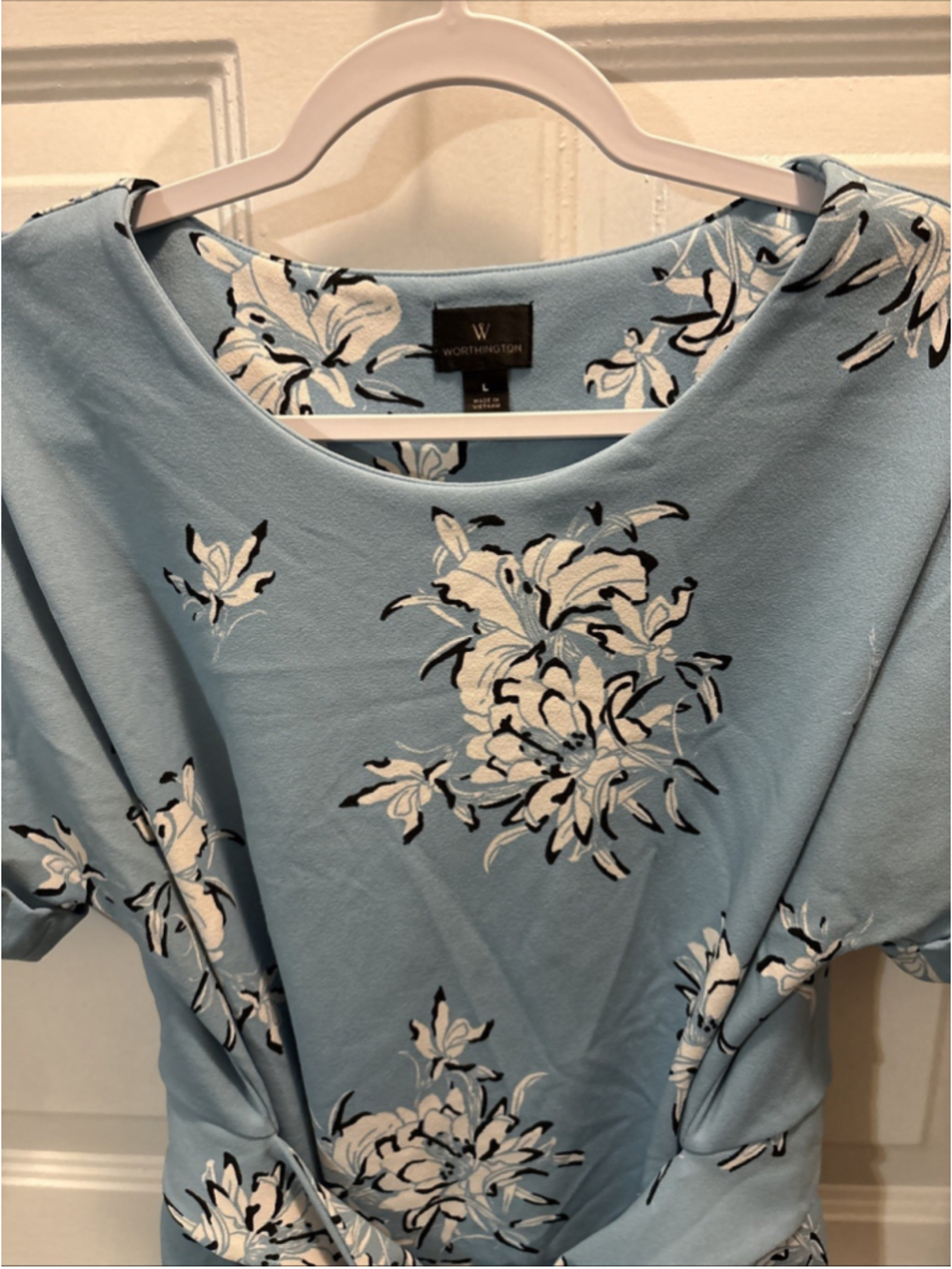 Worthington Navy Blue And White Floral Short Sleeve Shirt With A Tie Size Large - Picture 2 of 8